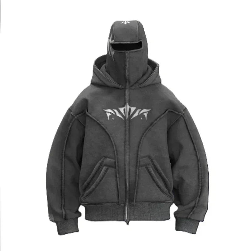 Hearujoy Y2K Ninja Hoodie Gothic Trendy Double Hat Design Functional Streetwear Vintage High Street Men Women Oversized Casual Pullover