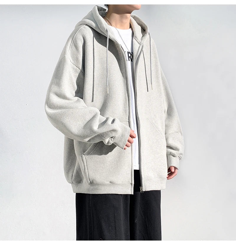 HEARUJOY  -  Spring Autumn Men's Zipper Hoodies Streetwear Casual Jacket Male Solid Color Loose Sweatshirts Simple Hooded Coats