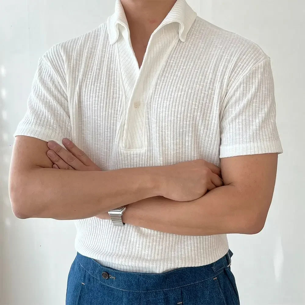 HEARUJOY  -  American Muscle Summer Fitness Suit Men's Elastic Breathable Sports Men's T-shirt Vertical Thread Slim Lapel Short Sleeves