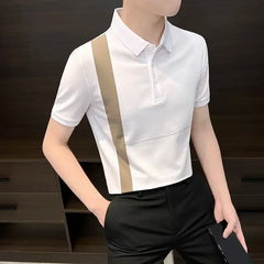 HEARUJOY  -  Male Polo Shirts White Striped Skinny Black Print Elastic Loose Xl Short Quarter Sleeve Fashion Stylish Mens with Collar T-shirt