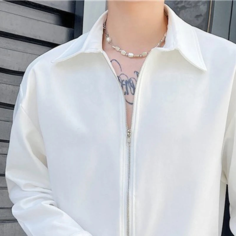 Hearujoy Autumn Men's Clothing Luxury Drooping Zipper Shirts Retro Premium Long-sleeved Solid Color Korean Popular Business Leisure