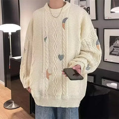 HEARUJOY  -  Retro Japanese Style Knitted Sweater for Men with Braided Design And Embroidery Oversize Lazy Style New Autumn Winter Collection