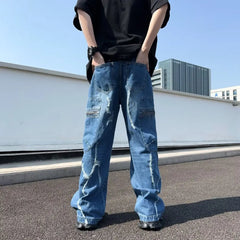 Hearujoy Streetwear Men Cargo Jeans Pocket Design Loose Plus Size Neutral Wide Leg Pants Harajuku Casual Straight Denim Pants Gothic Y2K