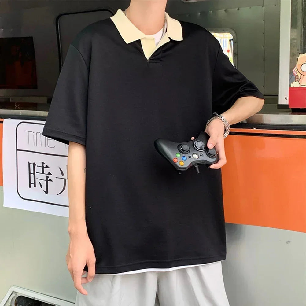 HEARUJOY  -  Loose Fit Tee Men T-Shirt 80 Polyester 20 Spandex Multiple Sizes New Condition Regual Length Summer Wear Lapel Neckline