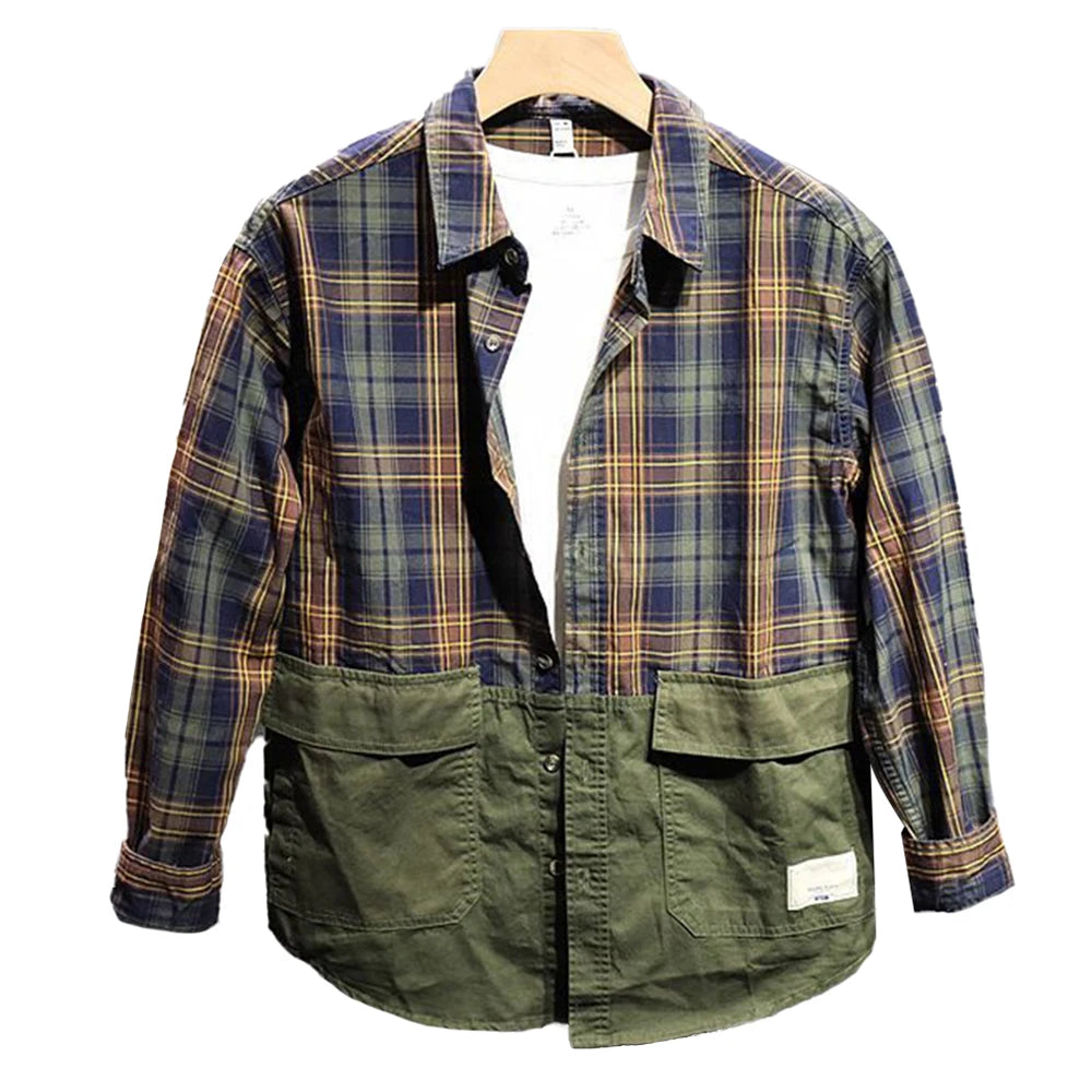 Hearujoy Spring And Summer Casual Shirt For Men Retro Japanese Style Simple Comfortable Spliced Long-Sleeve Loose Plaid Cargo Shirt