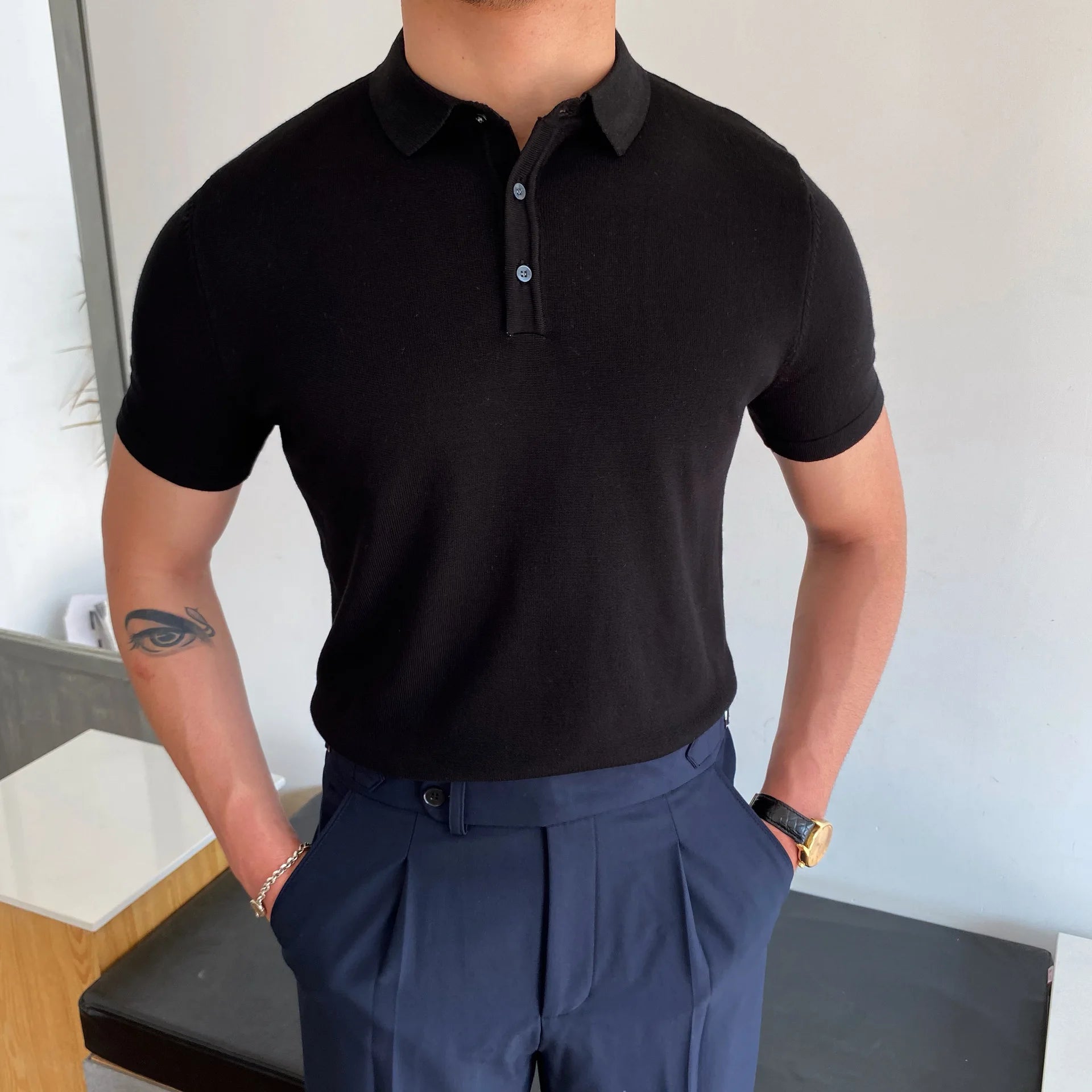 HEARUJOY  -  Summer Cotton Men Polo Shirt Business Casual Turn-down Collar Button-up Tees Fashion Flocking Tshirts Top Lce Silk Fabric Blouse