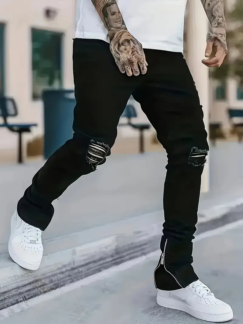 HEARUJOY  -  Men's Slim Fit Black Jeans - Street Style, Cotton Blend, Mid-Stretch Fabric, Ripped Detail, All-Season Wear