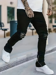 HEARUJOY  -  Men's Slim Fit Black Jeans - Street Style, Cotton Blend, Mid-Stretch Fabric, Ripped Detail, All-Season Wear