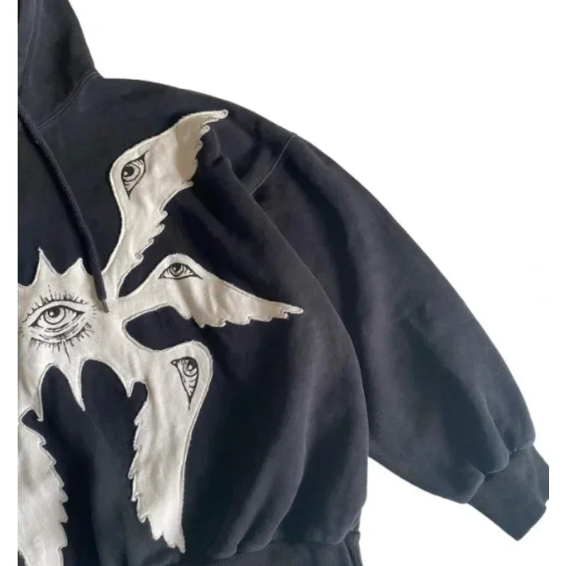 Hearujoy Y2K Gothic Embroidery Pattern Zip Up Hoodie American Vintage Sweatshirt Men’s Street Hip Hop Harajuku Punk Trend Loose Pullover