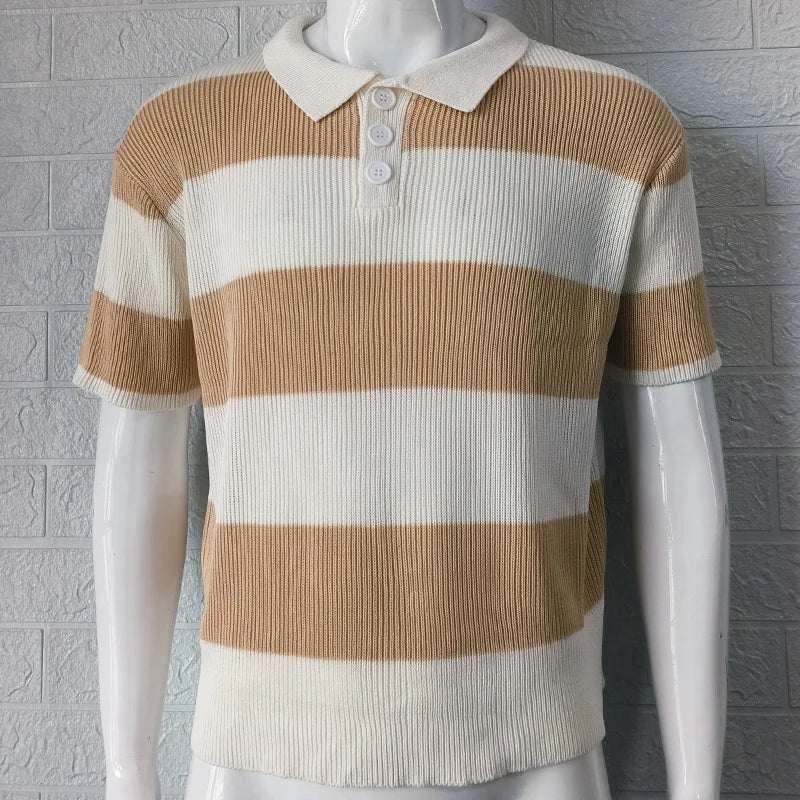 HEARUJOY  -  Men's New Polo Shirt Color Striped Short-sleeved Lapel Casual Sweater Top