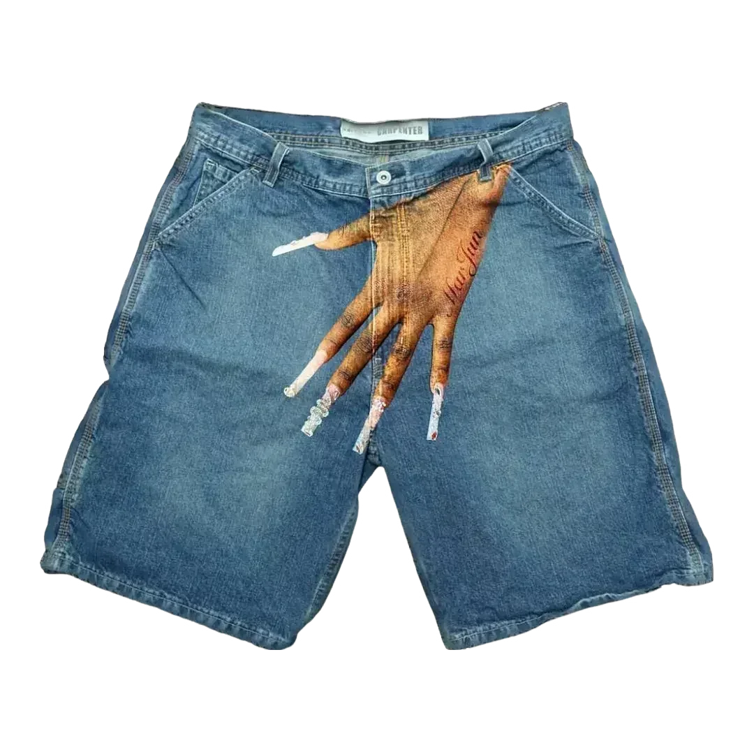 Hearujoy Harajuku Y2K Short Baggy Jeans Palm Print Graphic Pants Men Fashionstyle Denim Streetwear Gothic Sweatpants Shorts Men Clothing