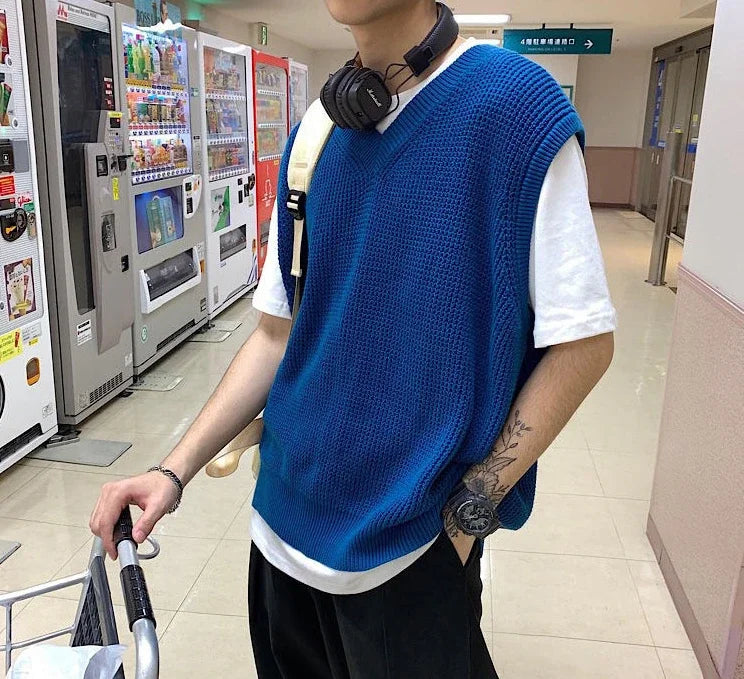 HEARUJOY  -  Men's Clothing Blue Plain Sleeveless Vest Knit Sweater Male Waistcoat V Neck Solid Color Warm Classic Cheap Japanese Retro Wool