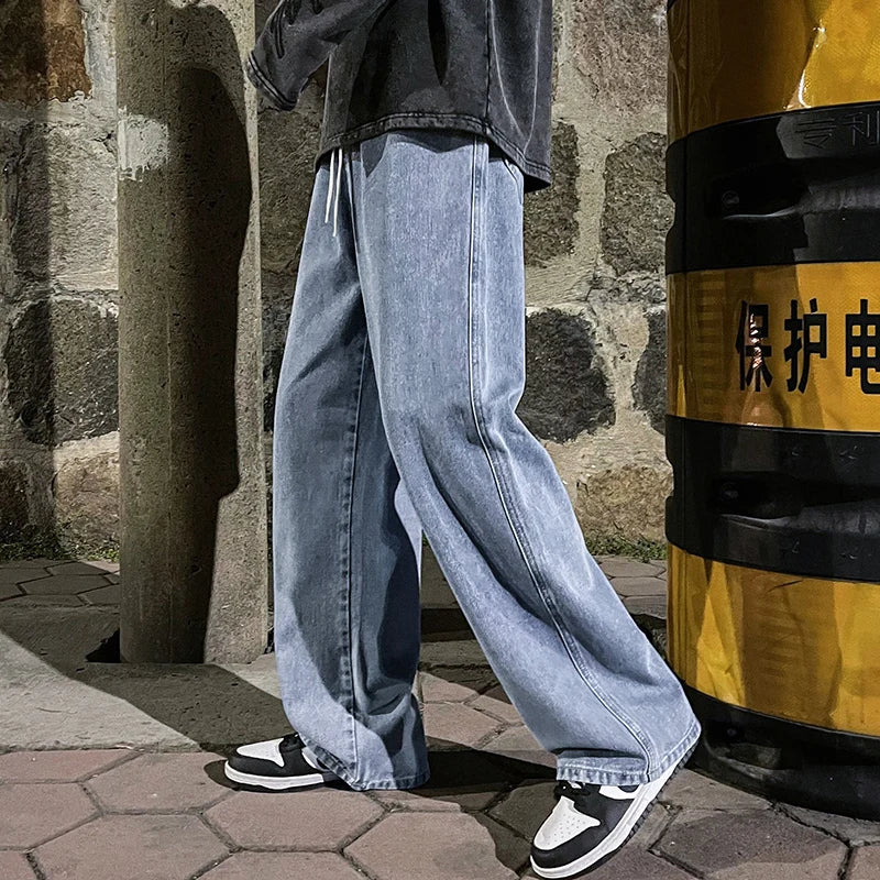 Hearujoy Korean Fashion Men's Baggy Jeans Elastic Waist  Classic olid Color Straight-leg Denim Wide-leg Pants Male Light Blue Grey Black