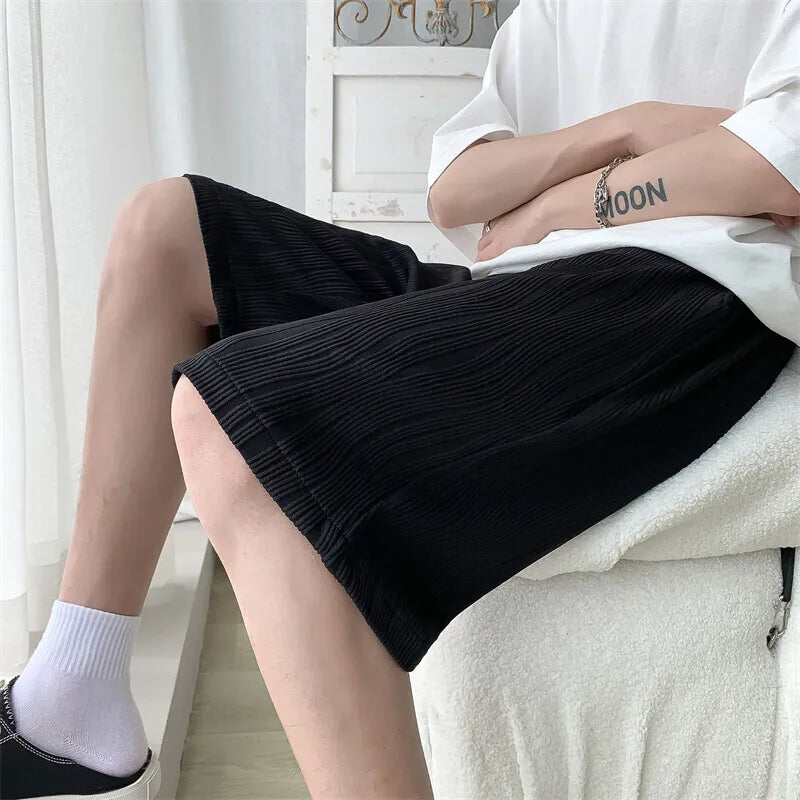 HEARUJOY  -  Summer Shorts Men Fashion Blue Ice Silk Shorts Men Streetwear Hip-hop Loose Pleated Shorts Mens Beach Shorts Plus Size 4XL