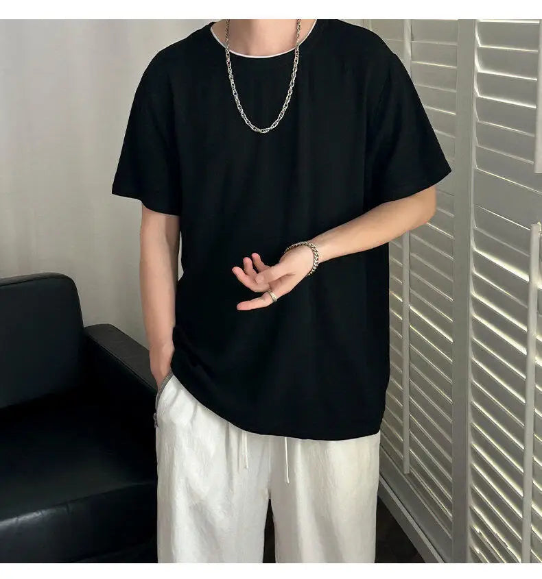 HEARUJOY  -  Korean Style Men's T-shirts Round Collar Short Sleeved Solid Color Mensweae New Summer Pullover Loose Male Tees