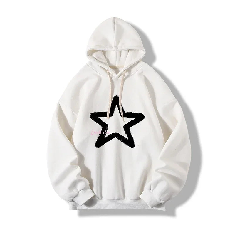 HEARUJOY  -  Men's Oversized Hoodie Off White 5XL Hoodies with Hat Over size for Men Star Print Man Casual Wear Hoody Male Sweatshirt