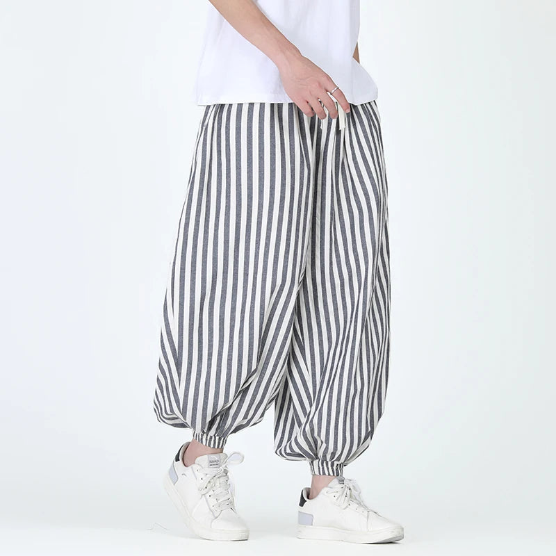 HEARUJOY  -  Men Casual Harem Pants Man Stripe Loose Jogging Pants Male Streetwear Cotton Linen Trousers Man Harajuku Wide Leg Pants