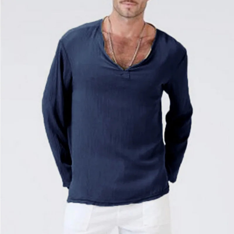 HEARUJOY  -  Spring New Men's Cotton and Linen Solid Color V-neck Casual Retro Loose Large Size Long Sleeve T-shirt Shirt