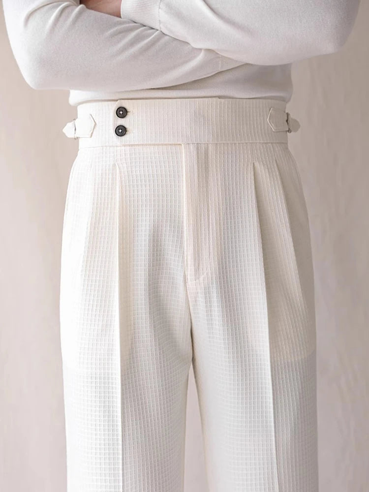 HEARUJOY  -  Naples Style High Waist Pants Mens Stylish Waffle Textured Slim Straight Trousers Men Autumn Casual Button Lace-up Suit Trousers