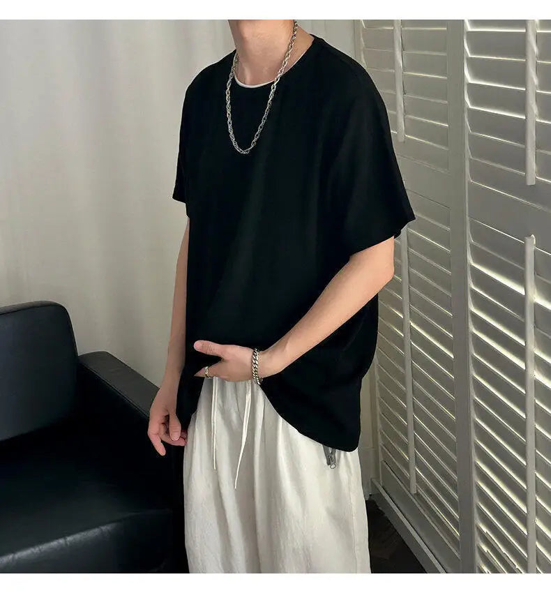 HEARUJOY  -  Korean Style Men's T-shirts Round Collar Short Sleeved Solid Color Mensweae New Summer Pullover Loose Male Tees