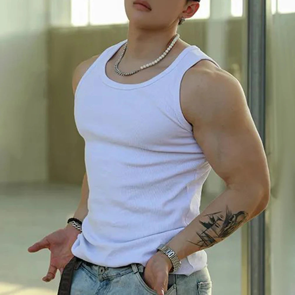 HEARUJOY  -  Mens Sexy Shaping Sports Fitness Casual Cotton Vest Genderless American Street Elastic Slim Solid Color Tank Top Unisex