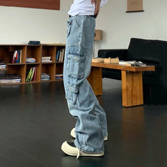 Hearujoy Men Jeans American Style Worn-out Three-dimensional Pockets Washed Straight Casual Vintage Male Trousers 24E1022