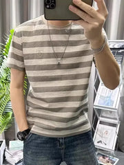 HEARUJOY  -  Man Tee Shirts O Neck Striped Apricot Cotton Linen T Shirt for Men Short Quarter Sleeve Summer Basic Cheap Clothes Ordinary Top