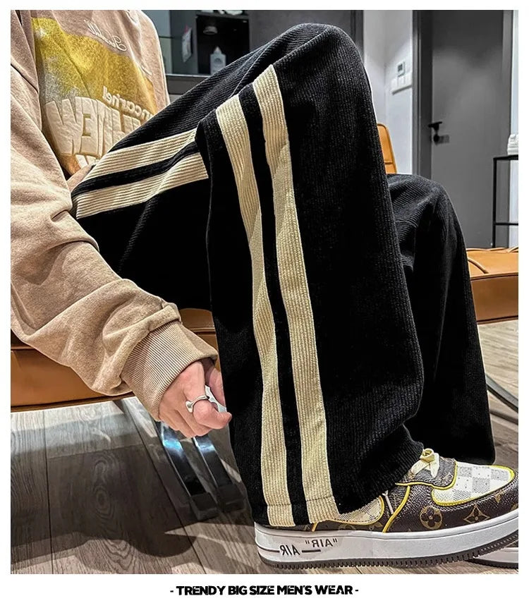 HEARUJOY  -  Side Striped Corduroy Wide-Leg Pant Men Korean Fashion Hip Hop Cargo Pant Loose Casual Straight Sports Outdoor Running Pant