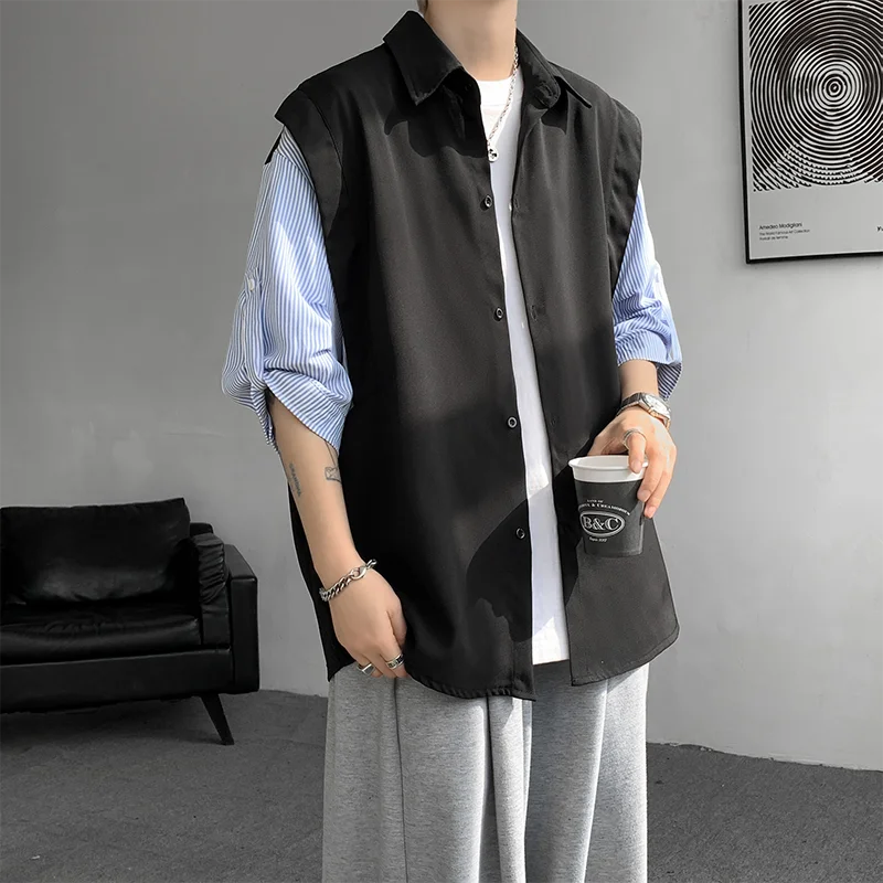 HEARUJOY  -  Summer Short Sleeved Shirt Men Oversized Society Mens Black Dress Shirts Korean Loose Casual White Shirt Mens Striped Shirt