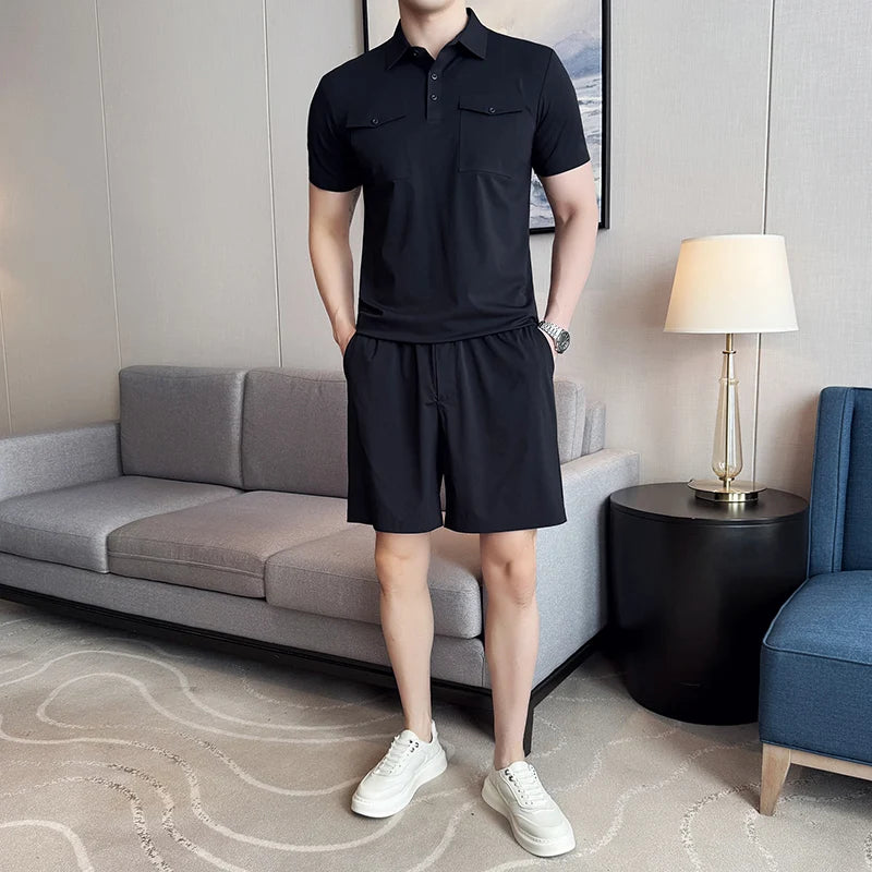 HEARUJOY  -  (Polo Shirt + Shorts) Plain Color Man Sets High Quality Breathable Elastic Short Sleeve Polos T Shirt And Knee Length Shorts Men