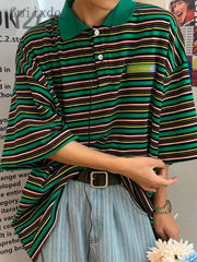Hearujoy Striped Short Sleeve Shirt Summer Men Women's High Street Oversize Tees Japan Vintage Turn Down Collar Tshirt