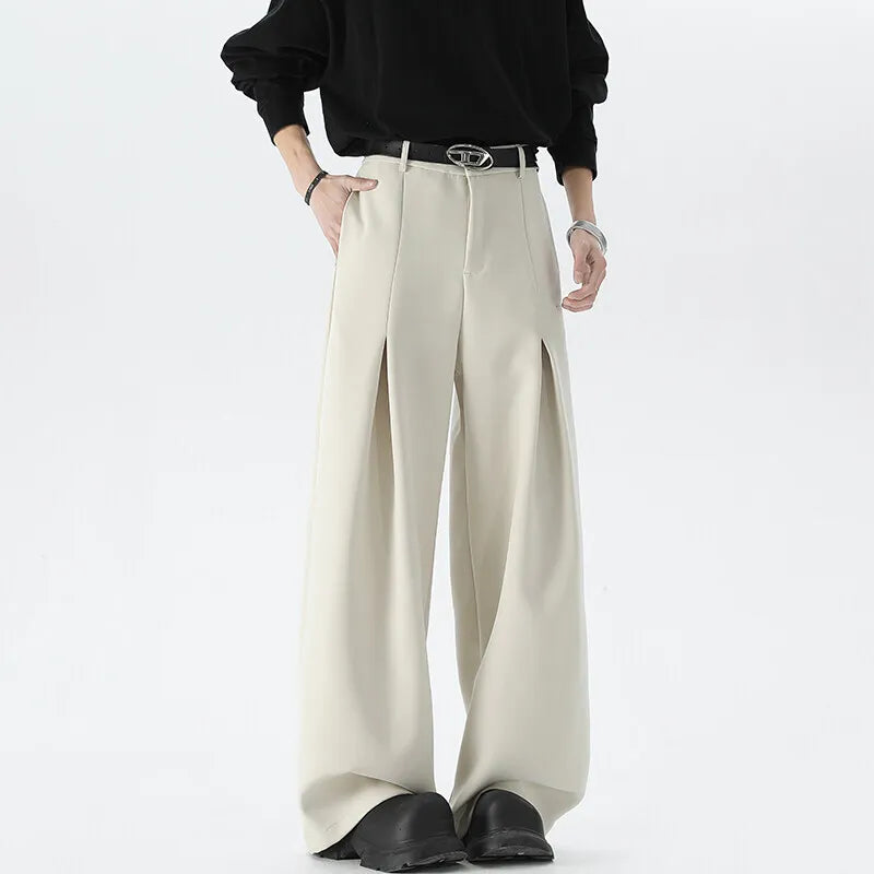 HEARUJOY  -  Beige Suit Pants Men Oversized Fashion Society Mens Dress Pants Korean Loose Wide Leg Pants Mens Office Formal Black Trousers