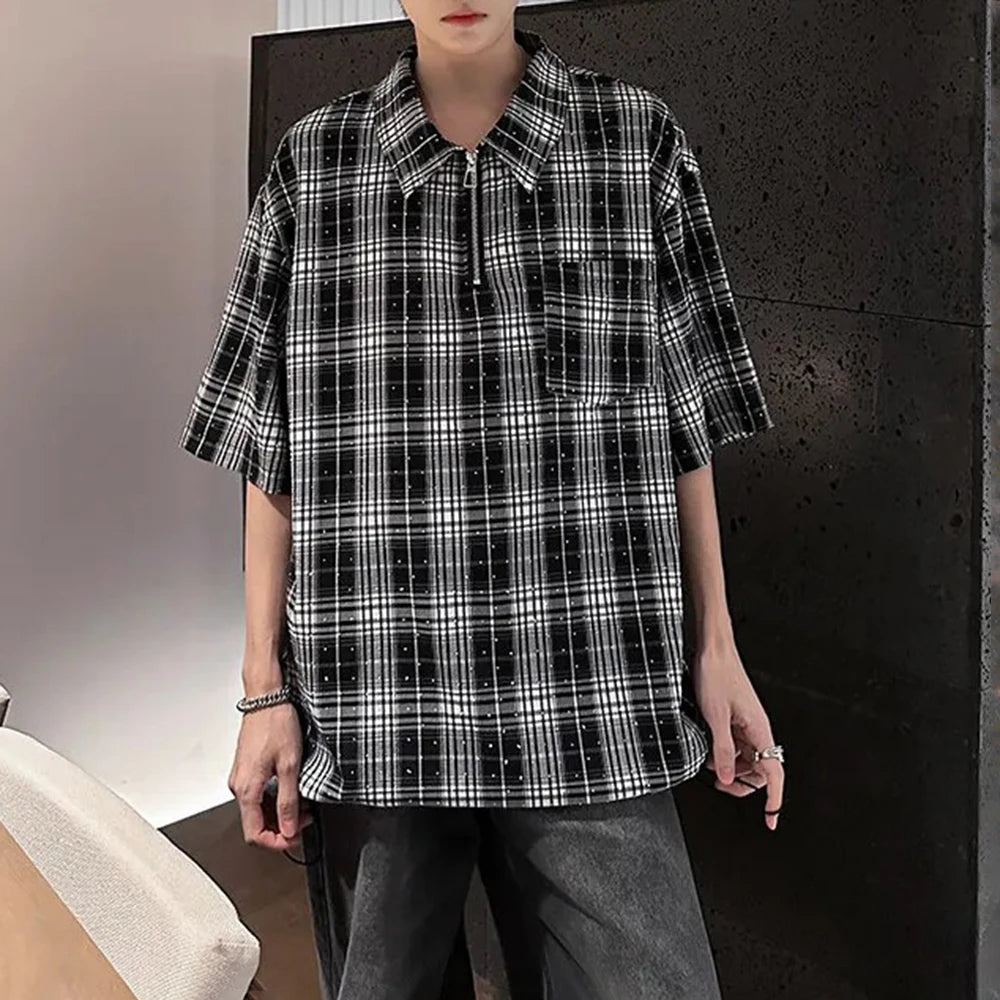 HEARUJOY  -  Mens Hot Diamond Plaid Half-Zip Casual Shirt Streetwear Fashion Youth Campus Versatile Short-Sleeve Tops Men'S Clothing 2025 New