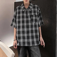 HEARUJOY  -  Mens Hot Diamond Plaid Half-Zip Casual Shirt Streetwear Fashion Youth Campus Versatile Short-Sleeve Tops Men'S Clothing 2025 New