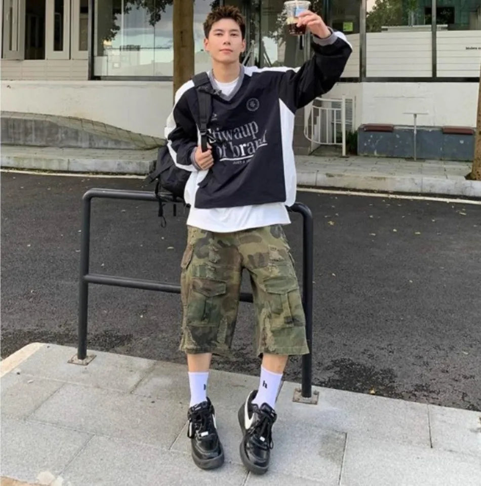 HEARUJOY  -  Spring American Trendy Mens T-shirt Spring Autumn Hip Hop Emblem Embroidery Long Sleeved Tops Color Block Loose Male Tees