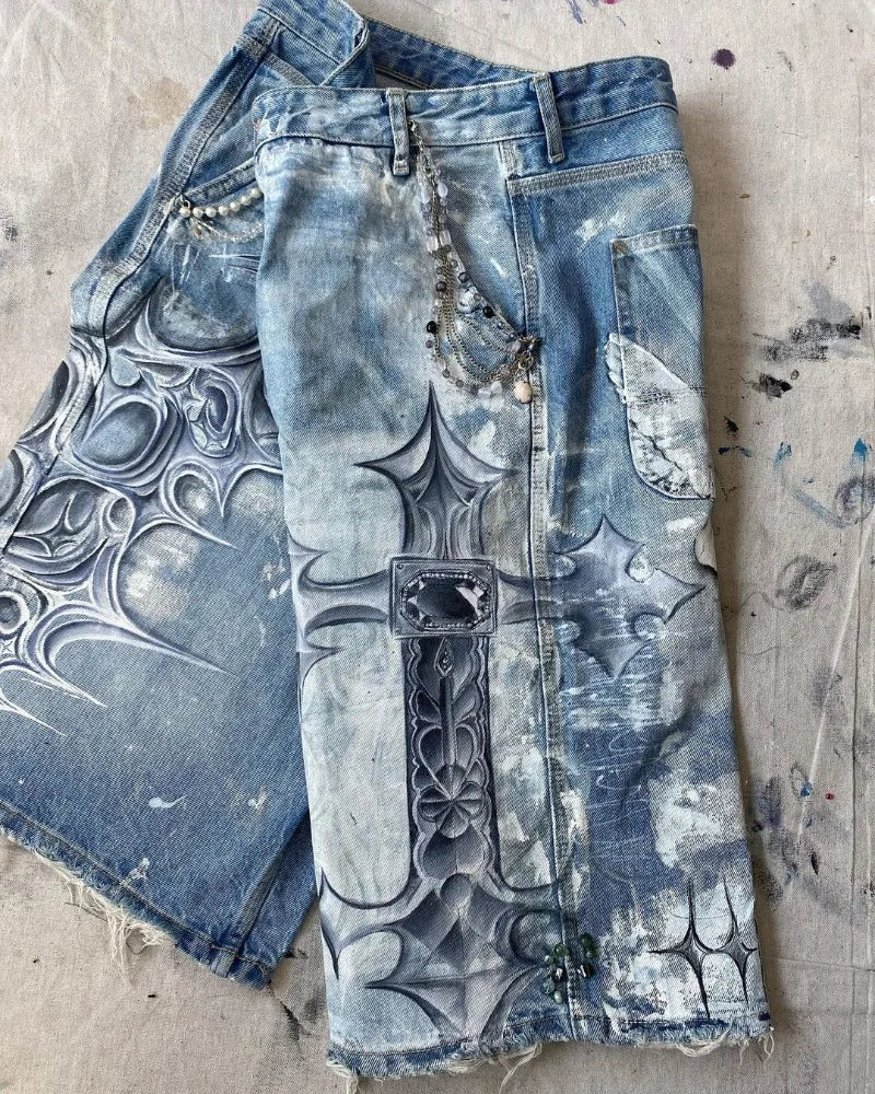 HEARUJOY  -  High Street Fashion Brand High Waist Washed Denim Shorts Women Y2k American Hip Hop Rock Fashion Graffiti Oversized Shorts Men