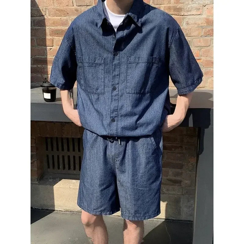 HEARUJOY  -  Japanese Man Sets Work Clothes Loose Cool Two-piece Set New in Matching Elastic Baggy Korean Stylish Shirts Shorts Suits for Men