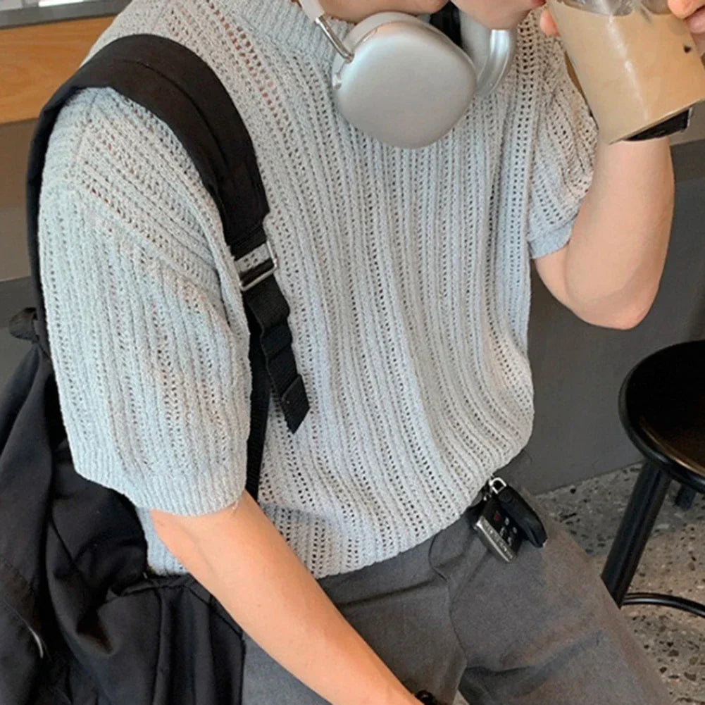 HEARUJOY  -  Fashion Knitted T-shirt For Men Top Tshirt Loose Fit Knitted Top Regular Length Garment Slight Stretch Material