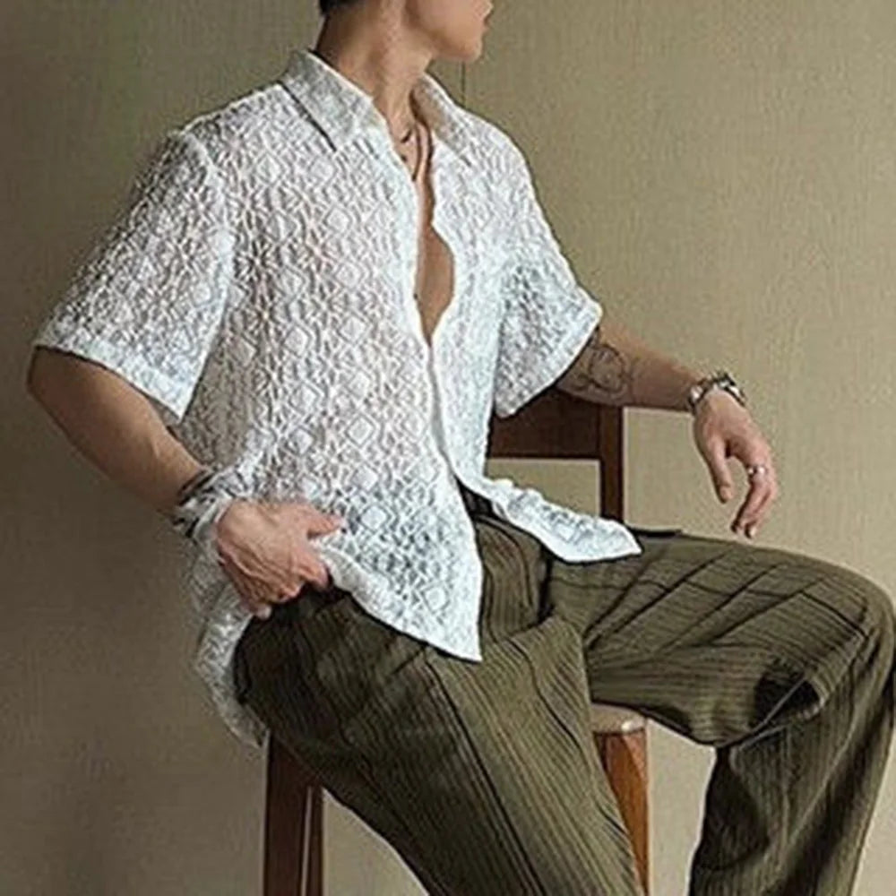 HEARUJOY  -  Mens Shirt Lace See-Through Transparent Geometric Shirt Summer Beach Vacation Hawaiian Slim Short Sleeve Top Men'S Clothing