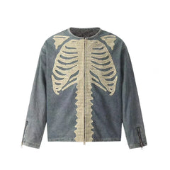 Hearujoy Streetwear Skeleton Bone Embroidery Washed Blue Denim Jacket for Men and Women Vintage Crew Neck Windbreaker Fall Jeans Coat