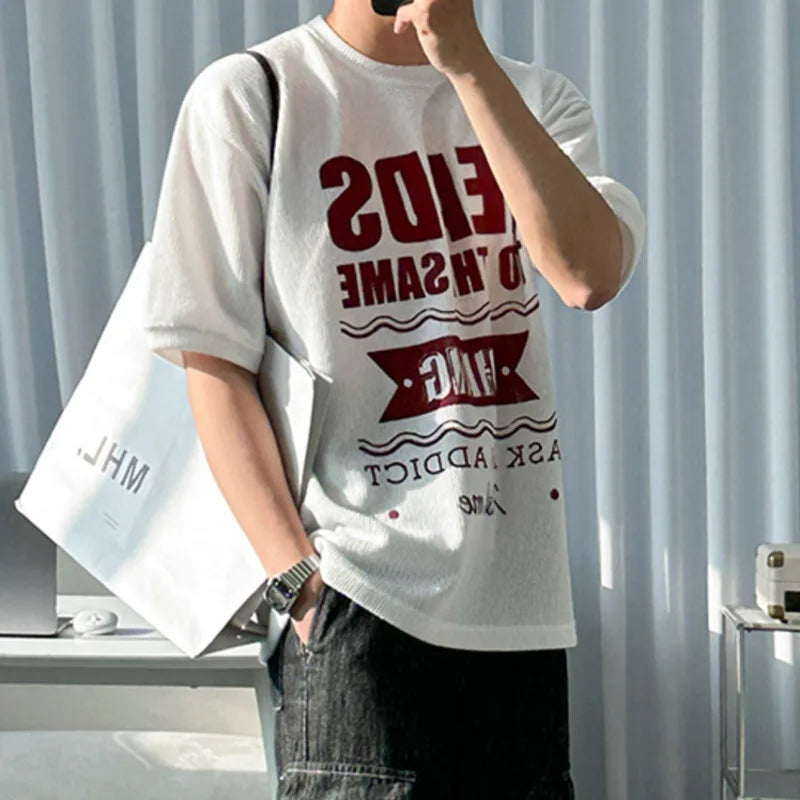 HEARUJOY  -  Korean Style Men's Tees Round Neck Letter Printing Casual Tops Contrast Color Short Sleeved Male Pullover T-shirt