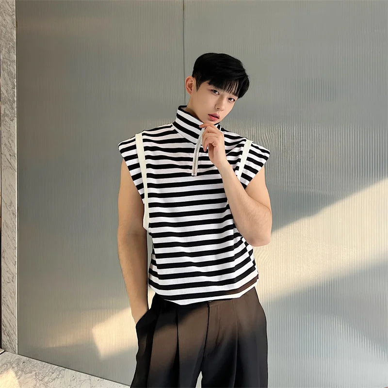 Hearujoy Fashion Korean Summer Casual Men's Turtleneck Striped Vest New Loose Top Personality Half Zipper Sleeveless T-shirt Trend