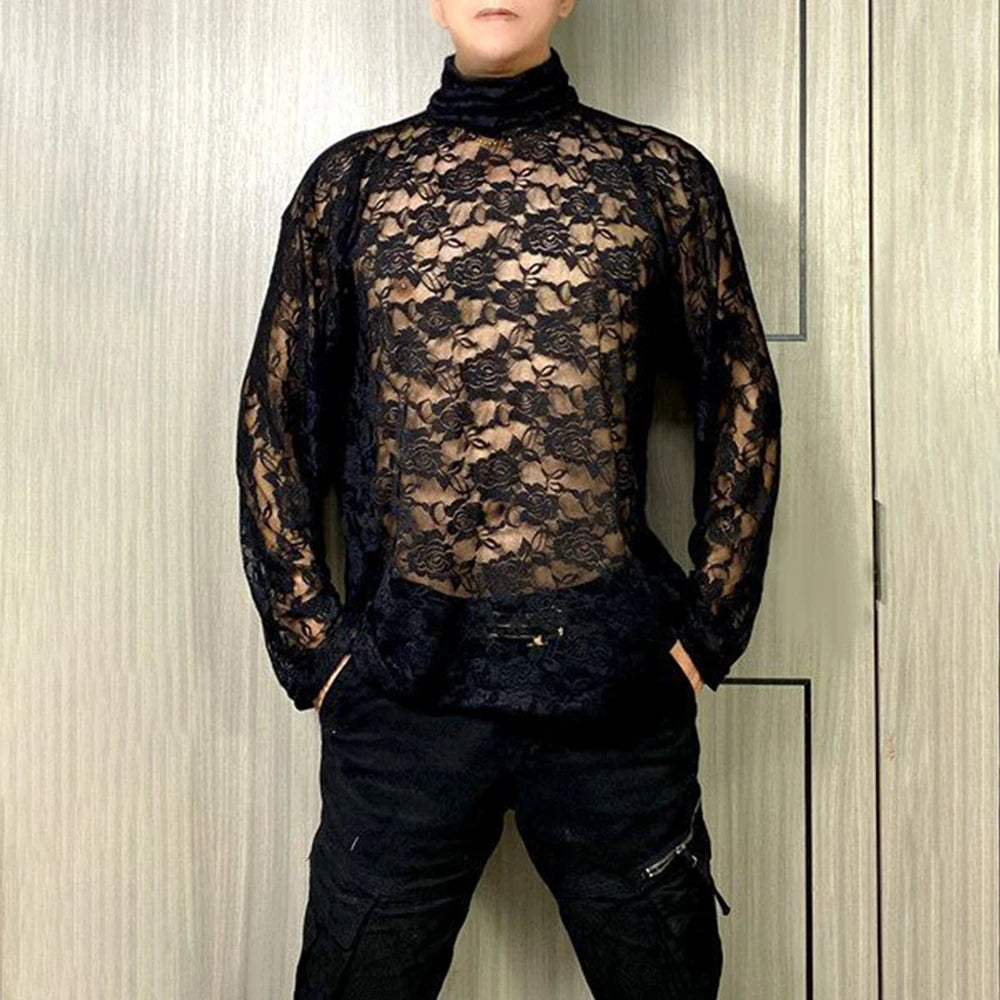 Hearujoy Mens Spring Autumn Lace Transparent Sexy Rose High Neck Long Sleeve T-Shirt Genderless Hollow Breathable Jacquard Top Unisex