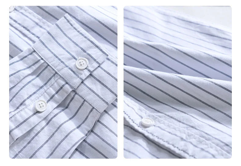 HEARUJOY  -  Men's Cotton Long Sleeve Shirt Spring Summer Casual Bear Embroidered Striped Long-sleeved Square Collar Breathable Shirts Man