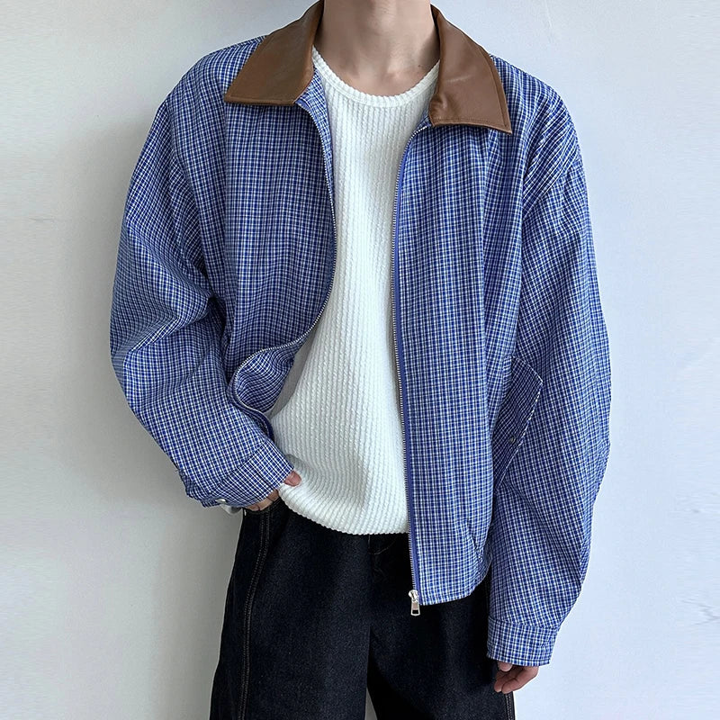 Hearujoy Men's Leisure High Street Blue Plaid Jacket Streetwear Turn-down Collar Korean Harajuku Popular Clothes Long Sleeve Zipper Coats