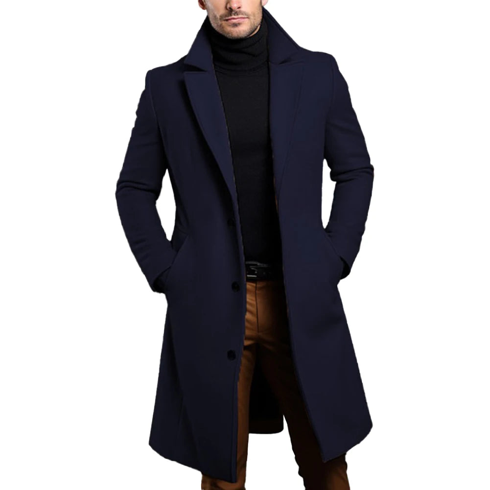 HEARUJOY  -  Long Black Trench Slim Jacket Mens Single Breasted Solid Vintage Full Sleeve Overcoats Tops Keep Warm