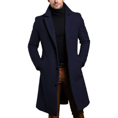 HEARUJOY  -  Long Black Trench Slim Jacket Mens Single Breasted Solid Vintage Full Sleeve Overcoats Tops Keep Warm