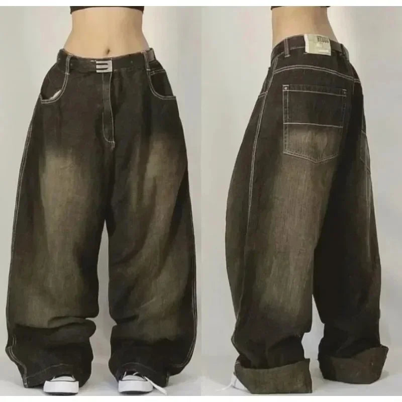 Hearujoy Y2K High Street Vintage Printed Pattern Jeans American Classic Wings Texture Jeans Couple Fashion Gothic Harajuku Wide Leg Pants