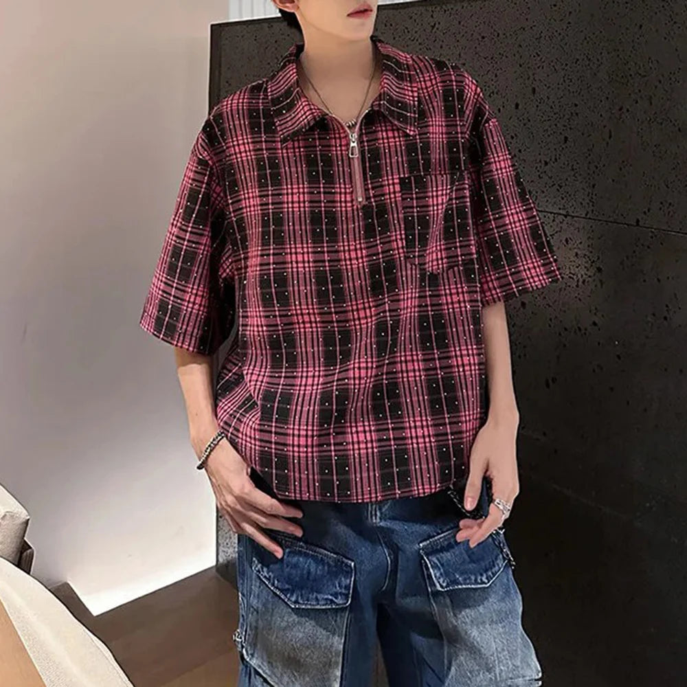 HEARUJOY  -  Mens Hot Diamond Plaid Half-Zip Casual Shirt Streetwear Fashion Youth Campus Versatile Short-Sleeve Tops Men'S Clothing 2025 New