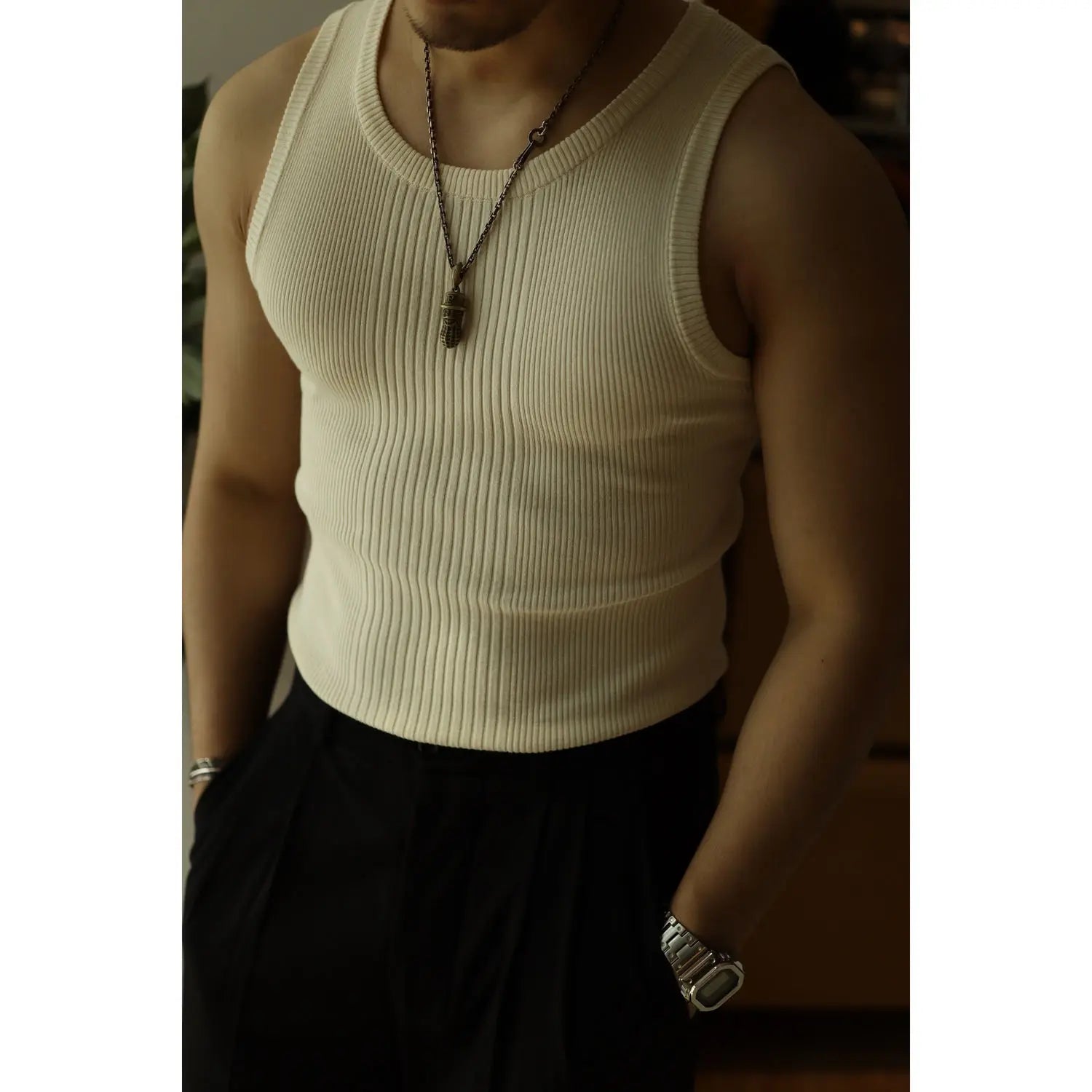 HEARUJOY  -  Solid Color Sleeveless Round Neck Summer Men Casual American Style Handsome Knitting Vest Bodybuilding Elastic Force Slim Tops